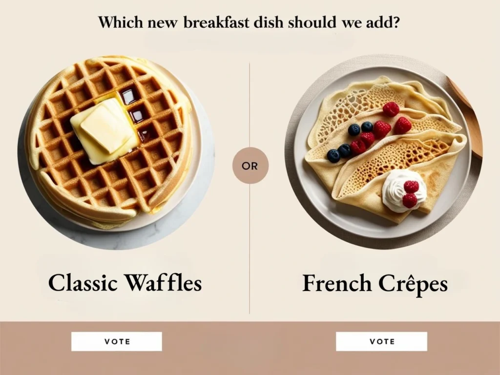 Hotel social media engagement poll featuring a choice between Classic Waffles and French Crepes, inviting guests to vote on the next breakfast menu addition.