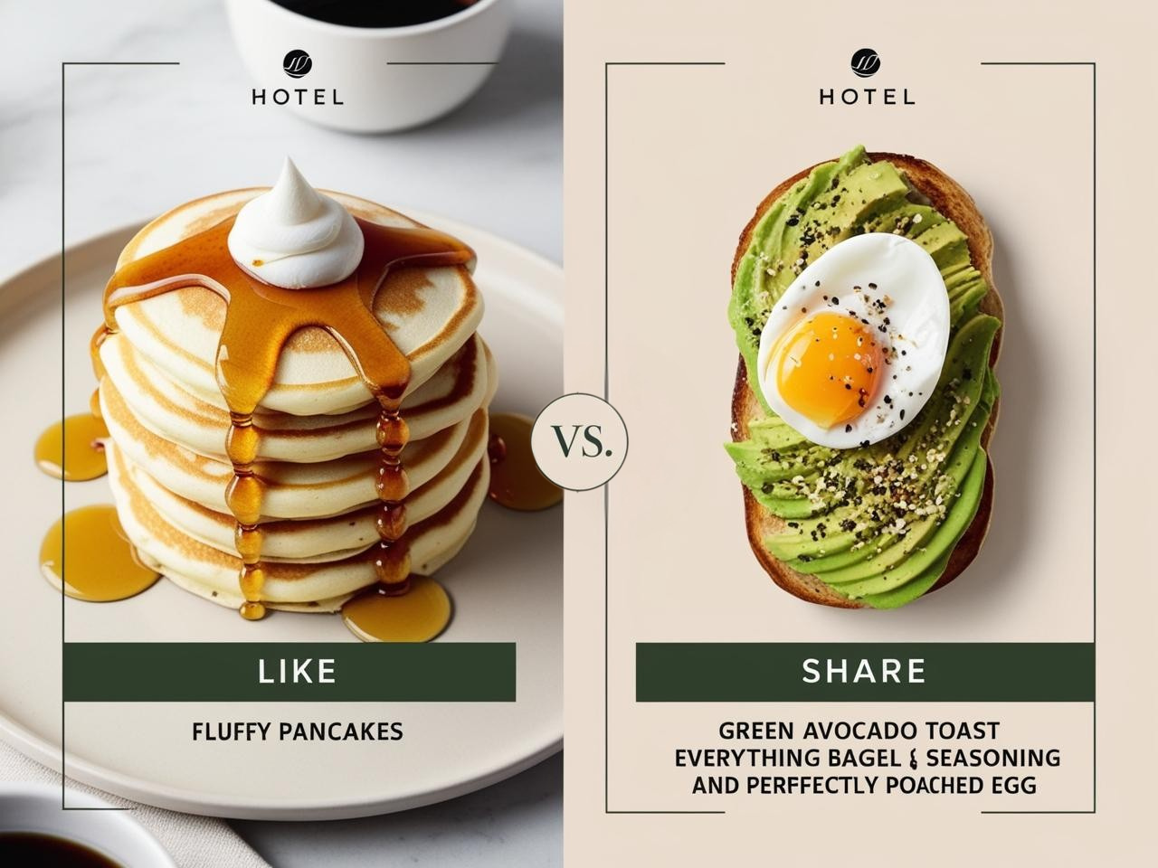 Like & Share Poll for hotel social media engagement featuring a fun breakfast vote: Like for pancakes or Share for avocado toast, designed to boost guest interaction and engagement.