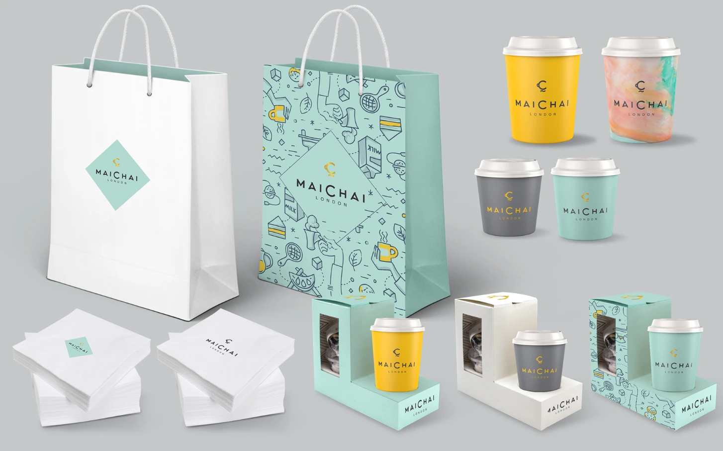 Maichai tea house branding – A screenshot of Maichai's packaging design on Behance, showcasing its visual identity and branding elements.