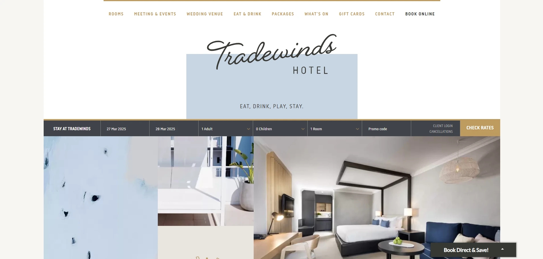 Screenshot of the Tradewinds Hotel website page, showcasing effective hotel website design and inviting visuals.