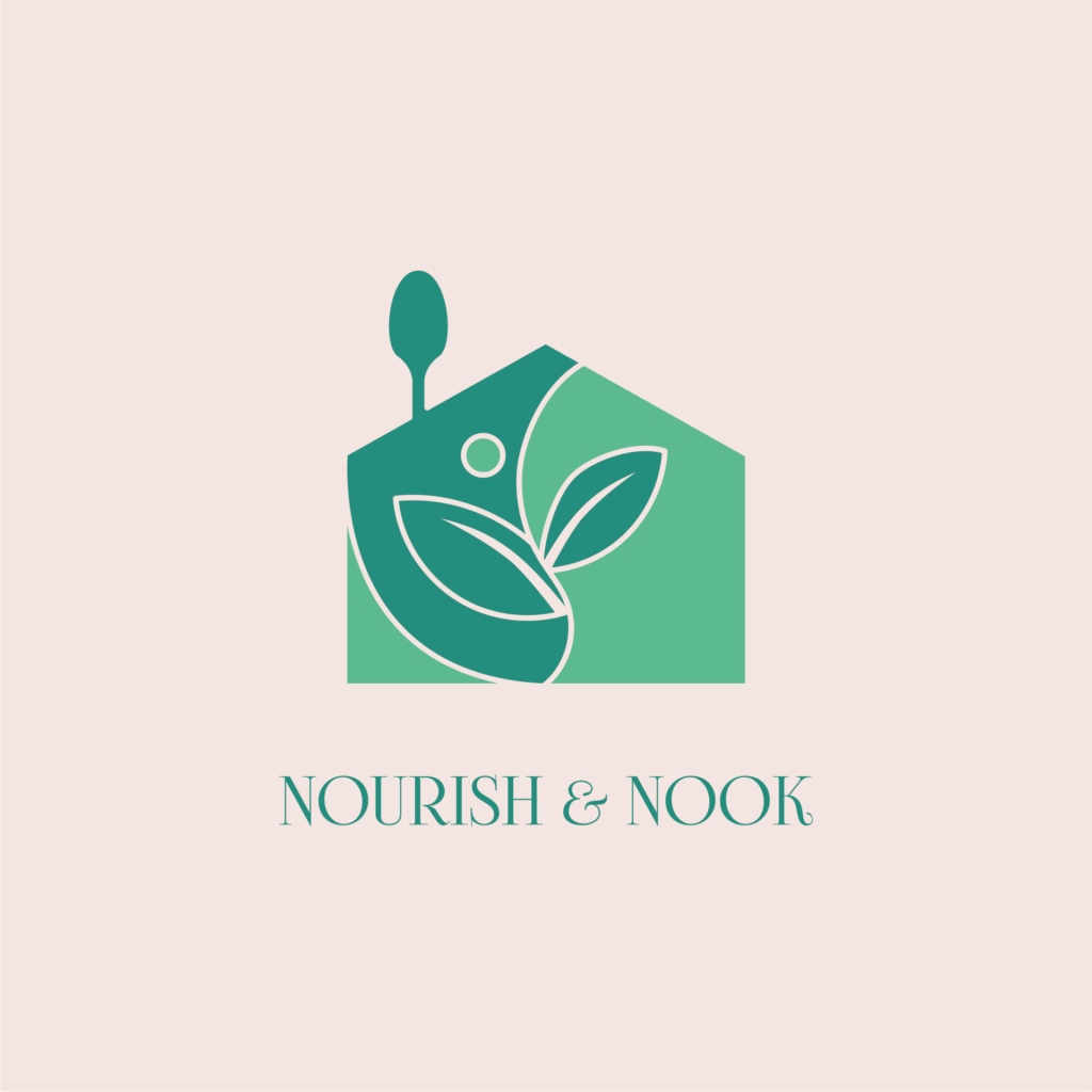 Fancy Restaurant Name Idea "Nourhs & Nook" with the logo representing an attic, the chimney is a spoon, and a beautiful leaf on the inside.