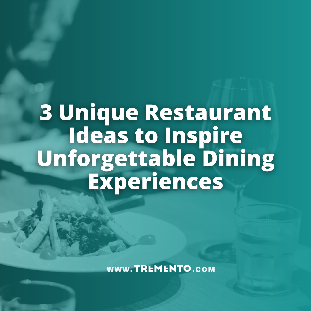 A dining table with a plate of food and a wine glass filled with wine, featuring text overlay: '3 Unique Restaurant Ideas to Inspire Unforgettable Dining Experiences.'