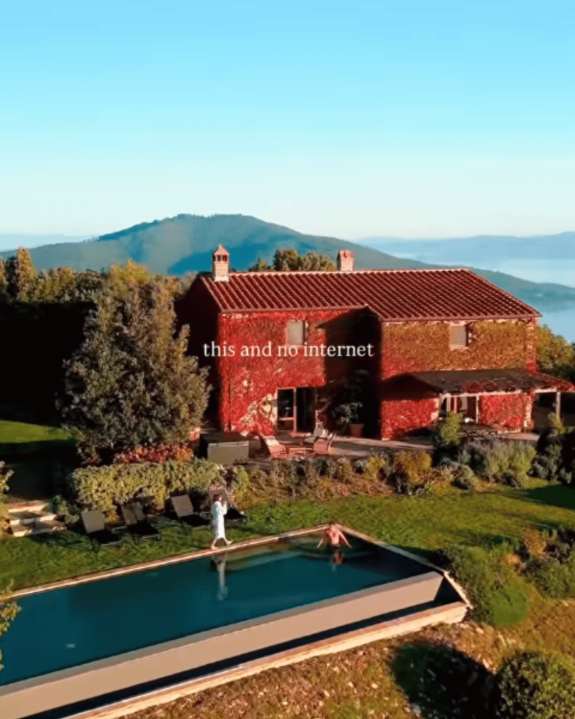 A screenshot of a Tenuta di Murlo Instagram reel featuring the text 'This and no internet.' A great example of hotel marketing online, using digital storytelling to highlight the estate’s serene, off-the-grid luxury experience.