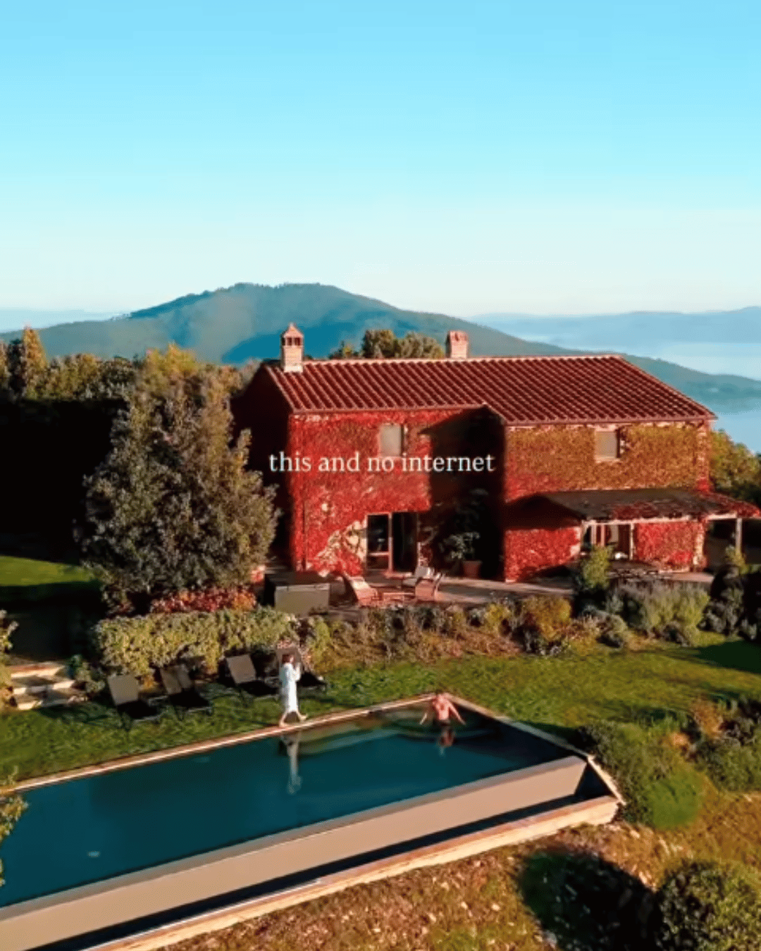 A screenshot of a Tenuta di Murlo Instagram reel featuring the text 'This and no internet.' A great example of hotel marketing online, using digital storytelling to highlight the estate’s serene, off-the-grid luxury experience.