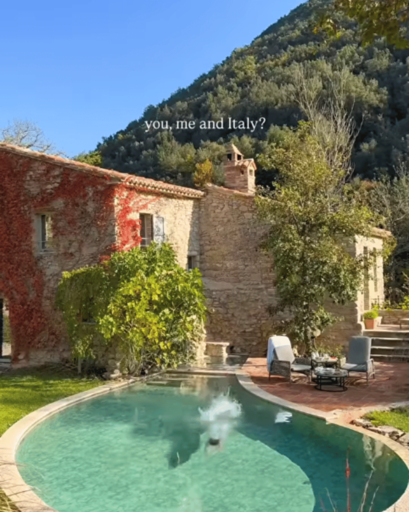 A screenshot of a Tenuta di Murlo Instagram reel featuring the text 'You, me, and Italy.' A perfect example of hotel marketing online, showcasing the estate’s romantic and luxurious Italian getaway.